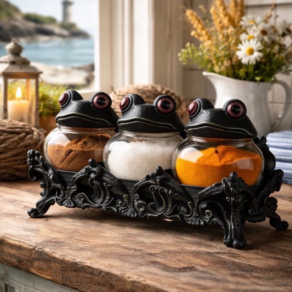 Gothic Frog Spice Jar Set 3 Glass Apothecary Bottles Ornate Black Display Base